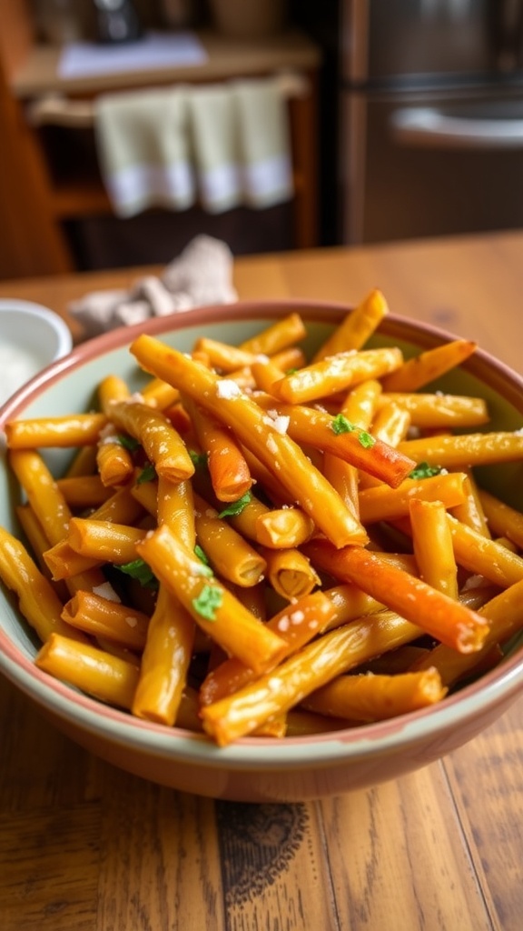Crispy air fryer lupini beans in a bowl, garnished with herbs and served with a dipping sauce on a wooden table.